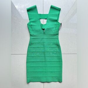 HERVE LEGER Icon Deep-V Strappy Bandage Dress Juniper Green XS NEW